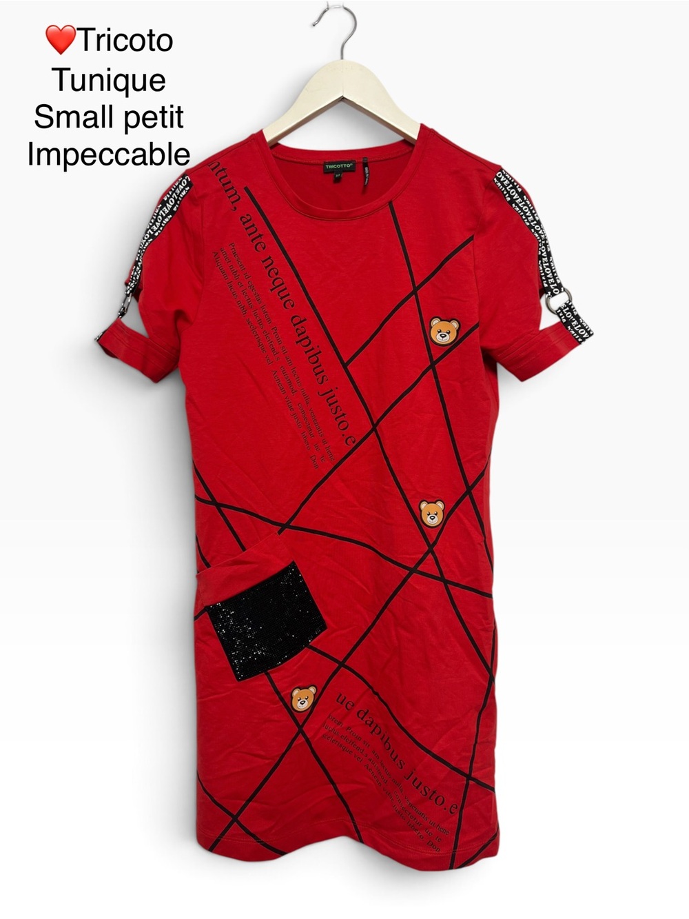 Tricotto Red Short-Sleeve Tunic with Black Grid & Bear Motifs